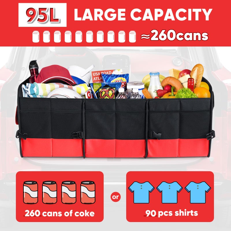 Simniam Large Trunk Organizer for Car, Collapsible Multi Compartment Car Trunk Organizer with 2 Retractable Straps, Suitable for All Kinds of Cars, SUV, Minivan - 4 Compartments Red - Image 4